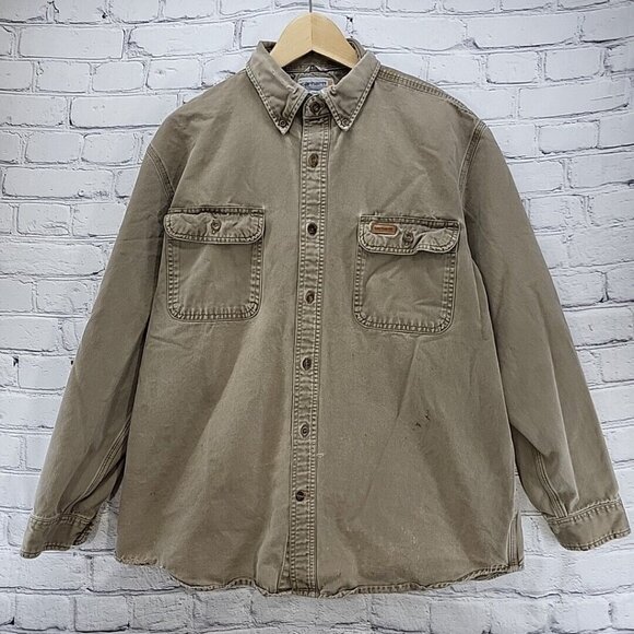 Carhartt Shacket Workwear Shirt Mens L Tan Brown 509MRH Distressed Flaw - Picture 1 of 16